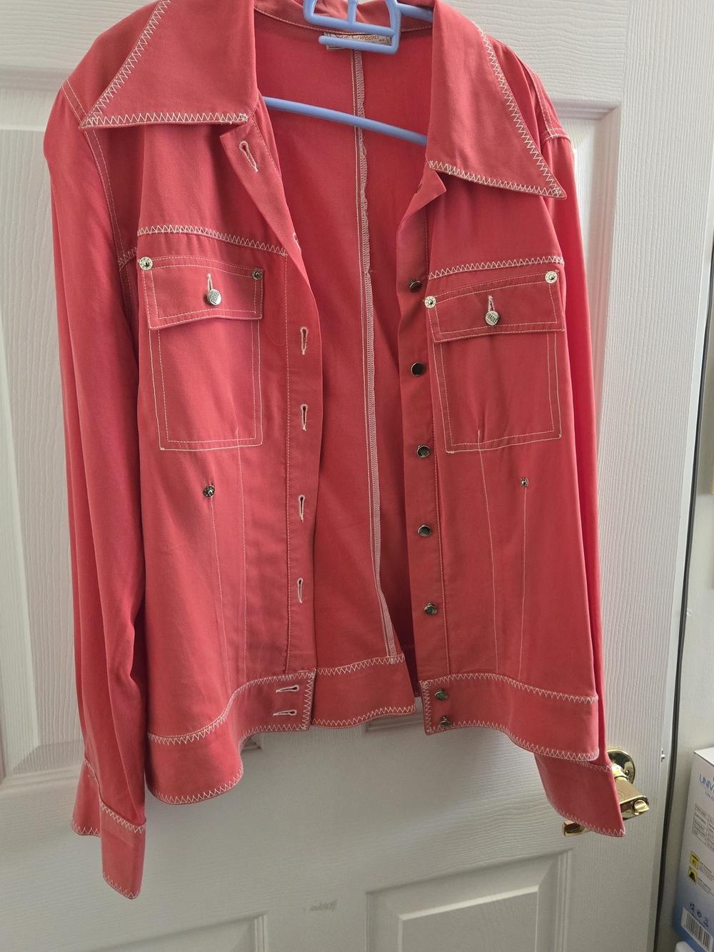 Women’s Coral Button-Front Jacket with Contrast Stitching
